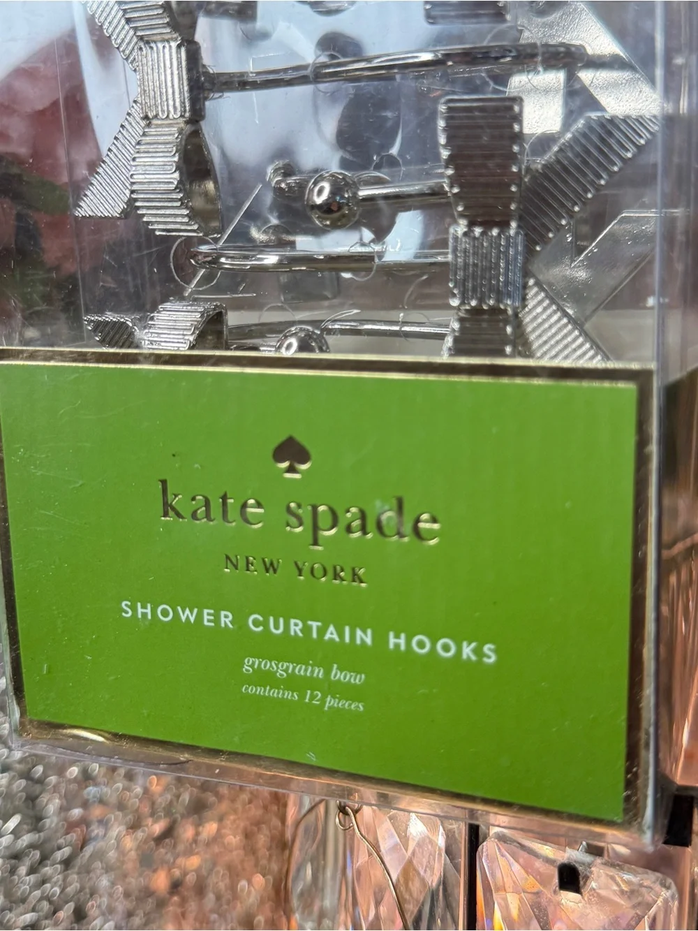 NEW in BOX ♠️ kate spade 12 Silver Grosgrain Bow Shower Curtain Hooks Curtains
